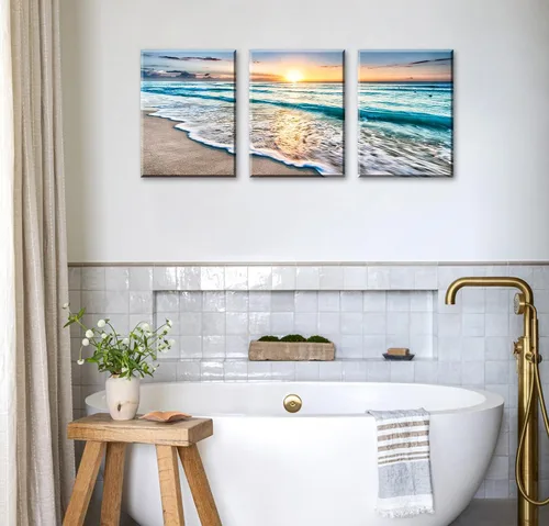 Vista 3 de 3 piezas de decoración del océano, decoración moderna de playa para baño, arte de pared para sala de estar, decoración de playa para el hogar
