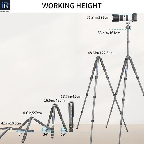 Vista 6 de Trípode de fibra de carbono-INNOREL CT75C - Trípode de viaje portátil profesional compacto para cámara de video digital DSLR, carga de 44.1 lb/20