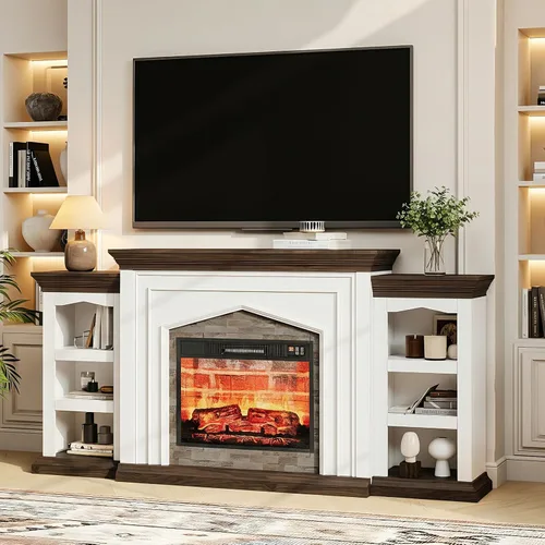 Vista 11 de LGHM Soporte de TV con chimenea eléctrica LED con tomacorriente, mantel de chimenea de 72 pulgadas para televisores de hasta 80 pulgadas, moderno