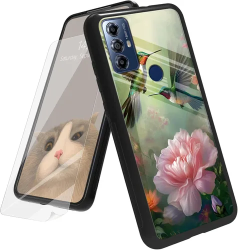 Vista 81 de Funda para Motorola Moto G Play 4G 2024 con protector de pantalla, parte trasera de vidrio templado + funda de silicona suave TPU absorción