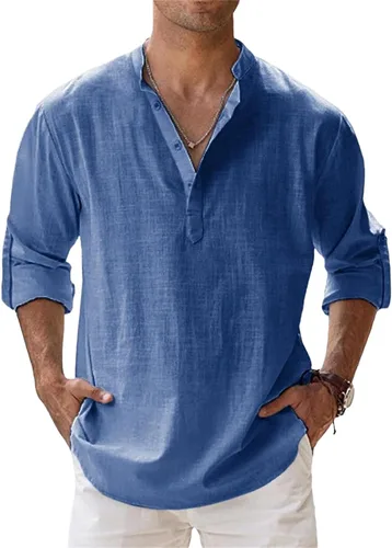 Vista 12 de Camisas de lino para hombre, de manga larga, con botones, de algodón, lino, talla grande, cuello de banda, color sólido, camisa de playa