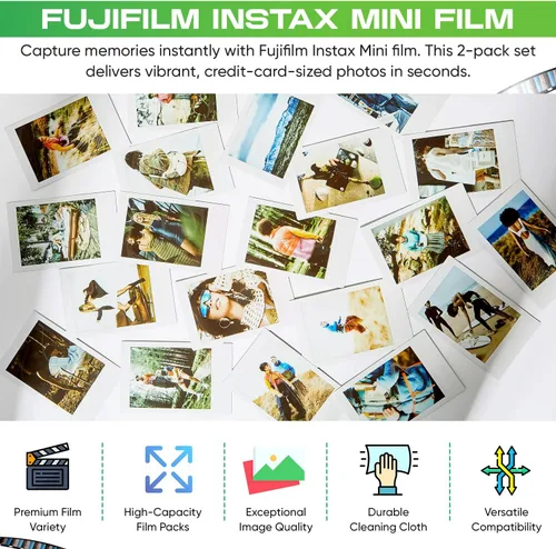 Vista 2 de Fujifilm Película Instax Mini – Paquete doble de 20 EXP en total, ISO 800, compatible con Instax Mini Evo, 12, 11, 9 modelos, incluye paño