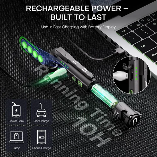 Vista 3 de Linterna EDC recargable, linterna pequeña de 800 lúmenes con clip magnético y base, linterna LED de 11 modos, rompedor de vidrio y abridor