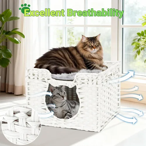 Vista 3 de Cueva de ratán tejida a mano para gatos con dos cojines, camas para gatos, casa de gatitos interior, impermeable y plegable, color blanco, 16.5