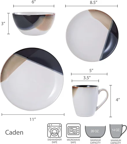 Vista 3 de Mikasa Gourmet Basics Caden - Juego de vajilla de cerámica de 16 piezas, servicio para 4, centro blanco brillante con esmalte reactivo de dos tonos