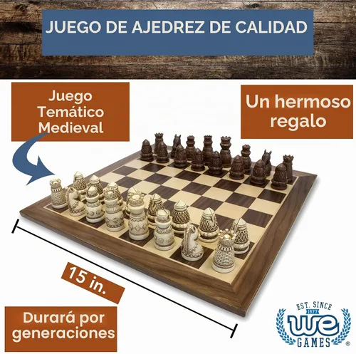 Vista 2 de WE Games Juego de ajedrez con temática medieval: tablero de ajedrez de madera con intrincadas piezas de ajedrez Polystone, juegos de ajedrez