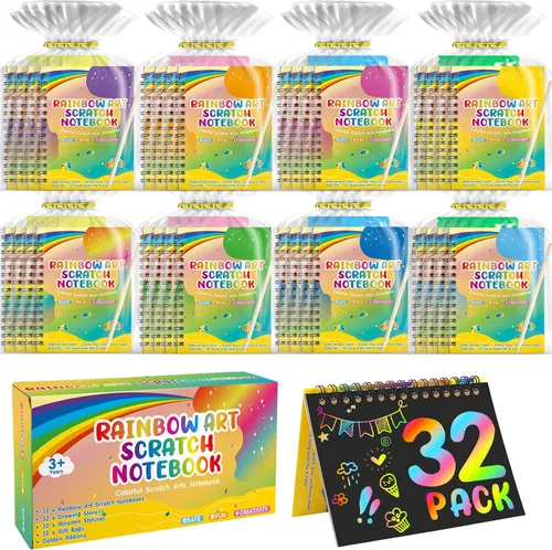 Vista 10 de YSCare Artículos de Fiesta de Arte de Rascar para Niños: 16 Pack Cuaderno de Arte de Rascar Arcoíris, Kit de Manualidades y Artesanías, Bolsas