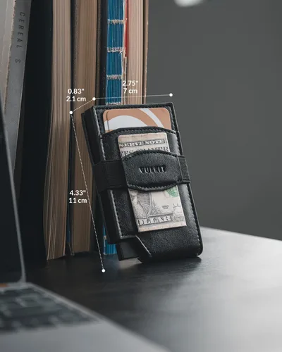 Vista 6 de VULKIT Billetera desplegable para tarjetas con correa de dinero, bolsillo frontal de cuero, con ventana de identificación, bloqueo RFID, funda