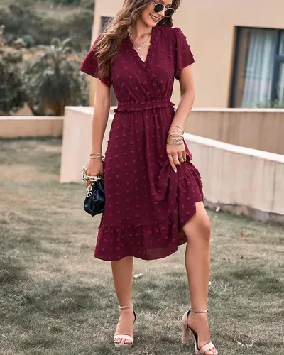 Vista 4 de BTFBM Elegante vestido de verano de manga corta con cuello en V y lunares suizos para mujer, vestido largo bohemio con volantes, vestido de cóctel