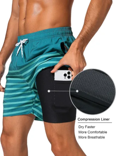 Vista 2 de SILKWORLD Quick Dry Mens Swimming Trunks with Compression Liner Bathing Suit Swim Shorts with Zip Pockets