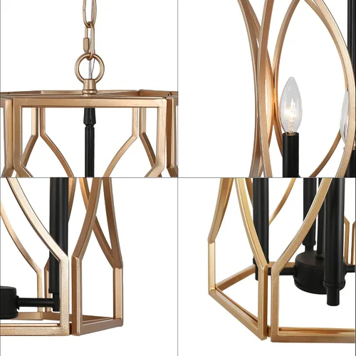 Vista 5 de Durent Lighting Lámpara de araña dorada y negra, moderna lámpara colgante de 4 luces, lámpara de granja para vestíbulo, entrada, comedor, isla