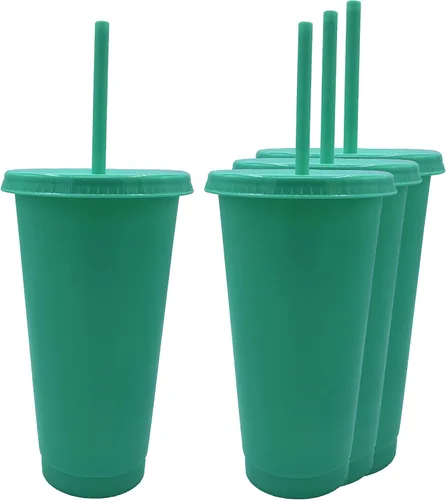 Vista 7 de Vaso frío de plástico reutilizable de 24 onzas con popote y tapa, paquete de 4 unidades (soplo)
