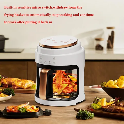 Vista 5 de Freidora de aire eléctrica de 4 litros para comidas saludables rápidas y sin aceite, fácil visión, cesta de vidrio de borosilicato de fácil /blanco