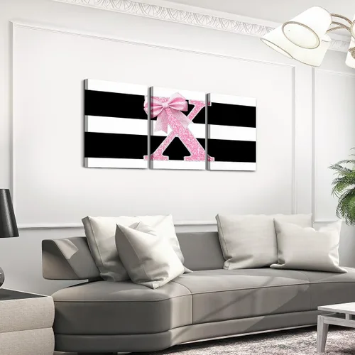 Vista 29 de Erosebridal Lienzo decorativo con monograma de 12 x 16 pulgadas, diseño de letra inicial de lazo rosa, decoración de pared, rayas blancas y negras