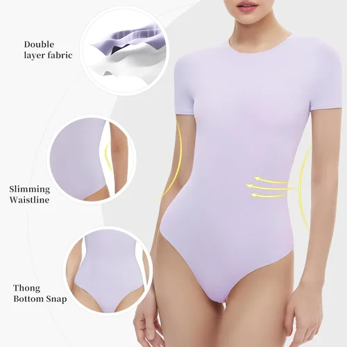 Vista 6 de Body de manga corta para mujer, camiseta de doble forro, tanga con cuello redondo, trajes de cuerpo recortados