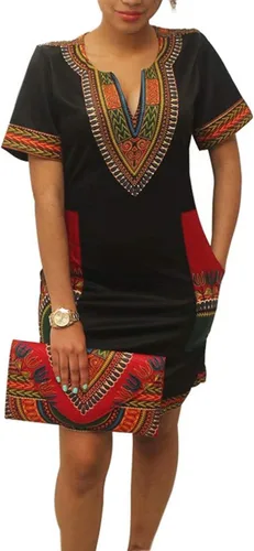 Vista 2 de Vestido de verano bohemio con cuello en V para mujer, estilo étnico, estampado africano