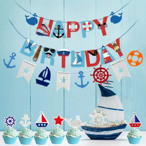 Vista 4 de 77 piezas de suministros náuticos para fiestas: pancarta náutica de feliz cumpleaños, banderines, 30 globos de látex (rojo, azul, blanco), 24