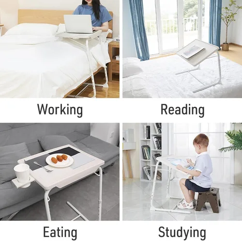 Vista 7 de Japard Mesa plegable para TV, mesita de noche pequeña con soporte para tazas, ajustable de 6 alturas y 3 ángulos de inclinación (negro, 2 piezas)