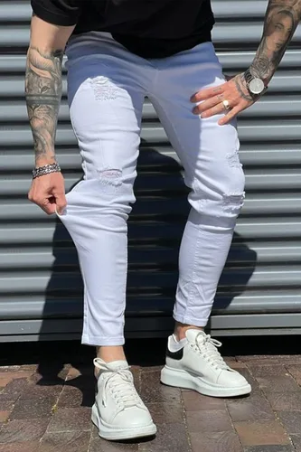 Vista 6 de Gingtto jeans entallados elásticos para hombre, de corte ajustado, rasgados, gastados