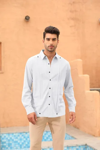 Vista 4 de Angeun Guayabera - Camisa de manga larga con botones, de algodón y lino, casual, hippie, cubano, campamento, playa