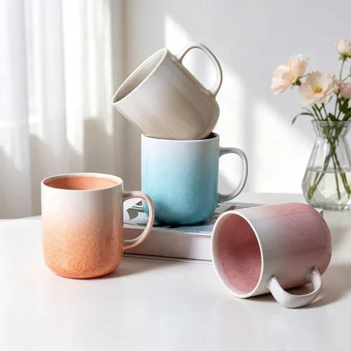 Vista 2 de Juego de 4 tazas de café de gres pintadas a mano de 14 onzas con asa