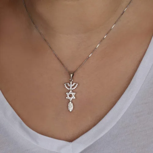 Vista 4 de Collar de plata de ley 925 con símbolo mesiánico del judaísmo mesiánico hecho en Israel circonita cúbica bendiciones espirituales raras de la Biblia