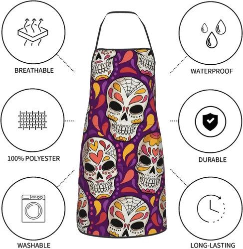 Vista 6 de Delantal de calavera de azúcar, delantales de cocina para hombres y mujeres, delantal de cocina, delantal de chef, delantales de jardín ajustables