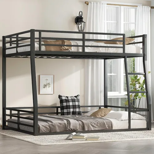 Vista 19 de Litera de metal resistente de tamaño individual sobre matrimonial, con escalera integrada y barandilla de seguridad para niños, adolescentes