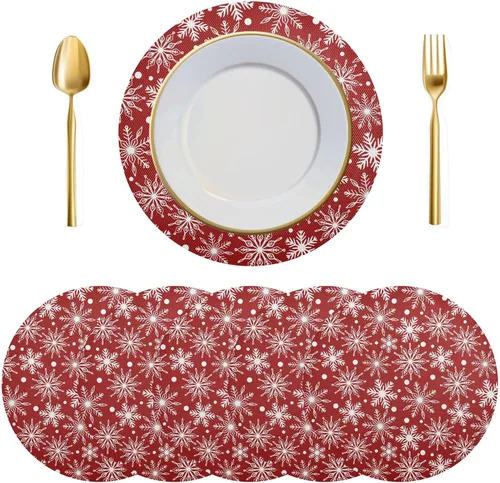 Vista 21 de Juego de 6 manteles individuales redondos, copos de nieve sobre rojo oscuro, resistentes al calor, para mesa de comedor, decoración de Navidad