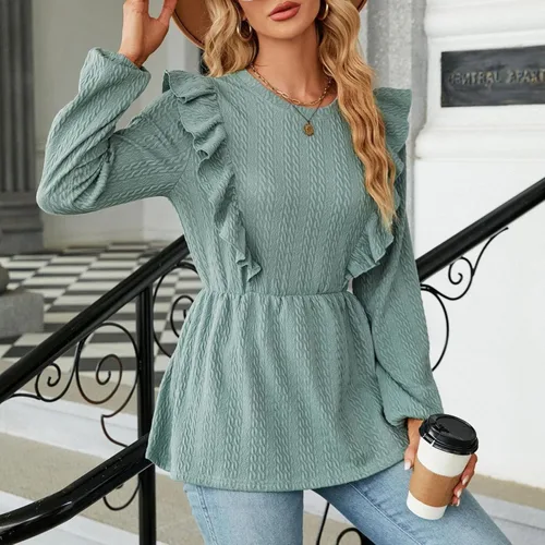 Vista 3 de Camiseta de manga larga suelta con cuello cuadrado de color sólido para otoño e invierno 2023 para mujer