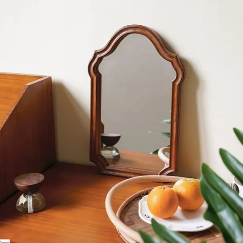 Vista 8 de Espejo de pared arqueado de madera rústica, diseño irregular, espejo decorativo con marco de madera para dormitorio, tocador, sala de estar, entrada