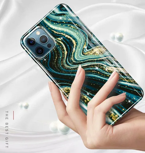 Vista 2 de luolnh Funda dorada con purpurina brillante compatible con iPhone 14 Pro, diseño de mármol, a prueba de golpes, delgada, de silicona suave, funda