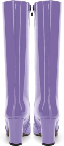 Vista 130 de AMBELIGHT Botas altas hasta la rodilla con cremallera y puntera puntiaguda para mujer, de patente sólida, tacón alto, 3.3 pulgadas
