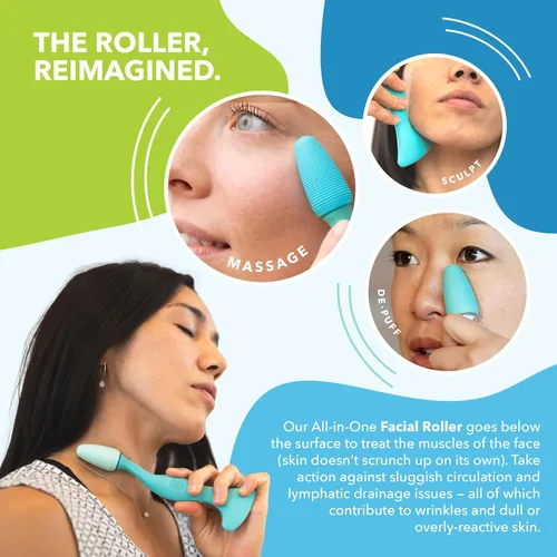 Vista 3 de RAD Rodillo facial 2 en 1, opciones de cabeza de rodillo de silicona texturizada y suave, apto para congelador para tratamiento frío, arrugas