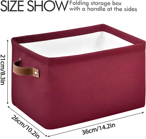 Vista 3 de Cesta de almacenamiento plegable de color rojo burdeos para estantes, plegable, impermeable, resistente, de tela, con asas, cubo de almacenamiento
