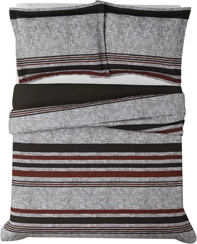 Vista 3 de London Fog Warren - Juego de edredón de 3 piezas de poliéster gris y negro, a rayas, 100% poliéster, para hombres y mujeres, certificado Oeko-TEX