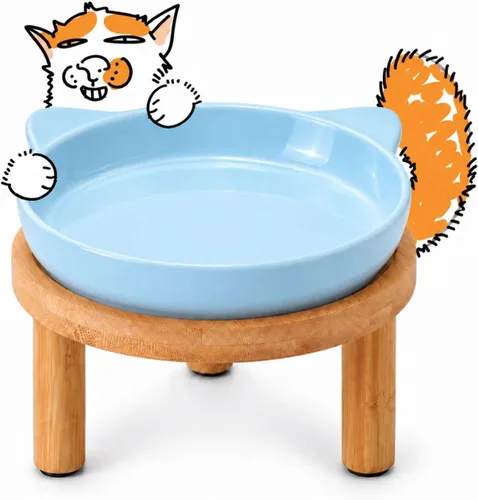 Vista 10 de Cuencos elevados de cerámica para gatos con soporte de bambú, platos elevados de comida para mascotas para gatos y perros pequeños, comedero
