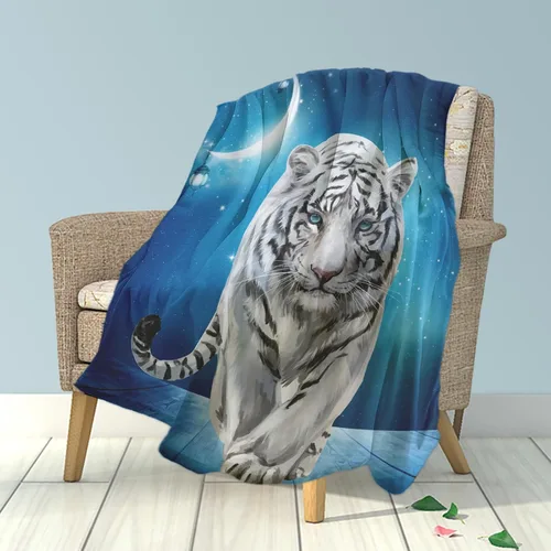 Vista 2 de Manta de Forro Polar de 50"x40", Suave, Acogedora, Cálida, Manta de Franela de Felpa Difusa, Tigre Blanco Siberiano Bajo la Noche Estrellada Azul