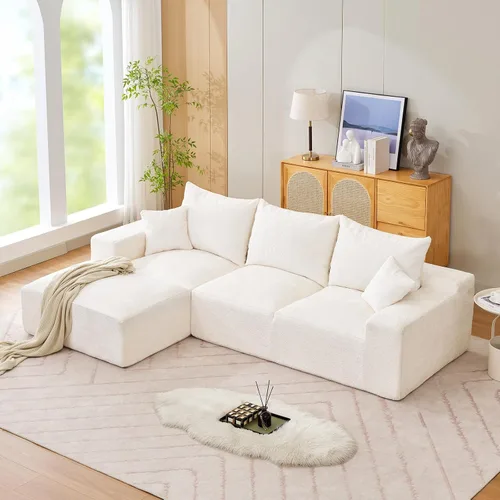 Vista 8 de Sofá modular en forma de L para sala de estar, sofá modular sin hueso de gran tamaño con tela de pana, cómodo sofá cama con diván para apartamento