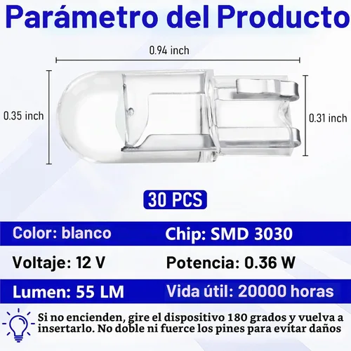 Vista 2 de ecocstm 30 bombillas LED 194 para automóvil, 168 2825 W5W T10 bombilla LED (azul)