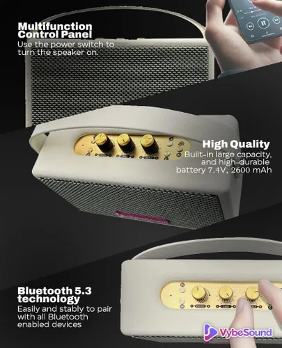 Vista 2 de RetroVybe - Mini altavoz Bluetooth portátil, sonido cristalino con graves profundos, batería de 8 horas de duración, micrófono integrado