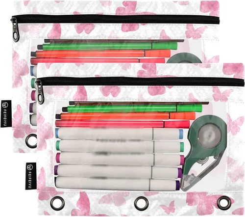 Vista 2 de Estuche para lápices de mariposa con 3 anillos, bolsa con cremallera y ventana de PVC transparente para la familia, oficina, paquete de 2