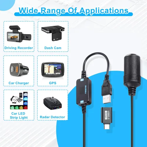 Vista 3 de FARSENSE Adaptador USB A a enchufe de cigarrillos de 12V - Cable convertidor de enchufe de encendedor de cigarrillos de coche de 5V DC USB C a 12V
