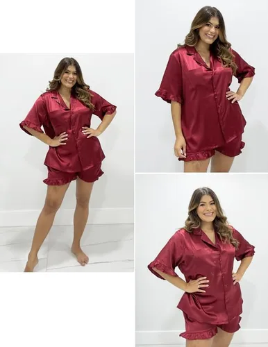 Vista 5 de Ekouaer Conjunto de pijama de satén de seda con volantes para mujer, conjunto de pijama con botones S-XXL
