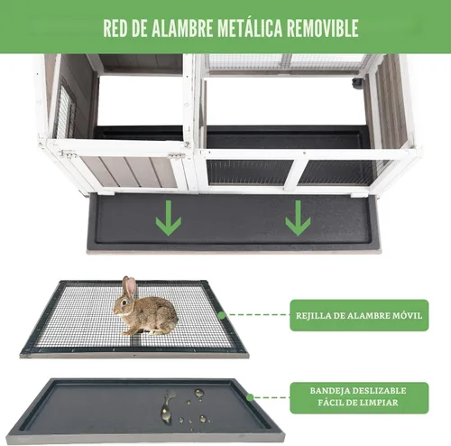 Vista 6 de Gowoodhut Conejera de 38.19 pulgadas de largo para interiores y exteriores con 4 ruedas, jaula de madera para conejo con bandeja extraíble a prueba