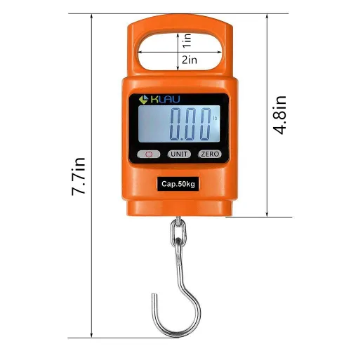 Vista 2 de Klau - Báscula portátil de pesaje para peces, naranja, 100 libras / 1600 onzas Escala colgante digital resistente, pantalla LCD con luz de fondo