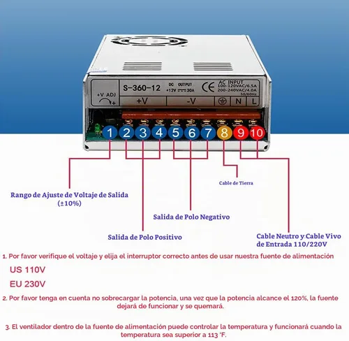 Vista 6 de Fuente de alimentación conmutada regulada universal de 12v 30a dc 360w para CCTV, proyecto de computadora, impresora 3D