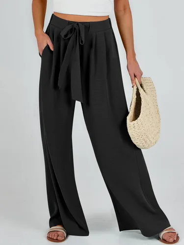 Vista 3 de Caracilia Pantalones palazzo de pierna ancha para mujer, de cintura alta, ajustables, con lazo, holgados, informales, con bolsillos