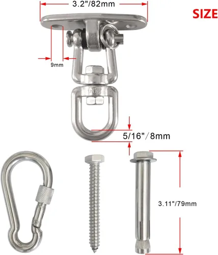 Vista 2 de Juego de 2 ganchos de suspensión giratorios de 360° para montaje en techo con capacidad de 1500 libras con tornillos de perno, mosquetón de bloqueo