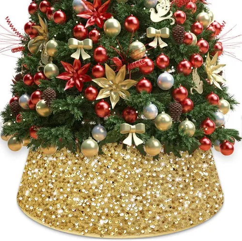 Vista 10 de FUHSY Collar Negro de Árbol de Navidad de 24 Pulgadas, Falda de Árbol de Navidad con Lentejuelas, Terciopelo Metálico, Falda de Árbol de Halloween